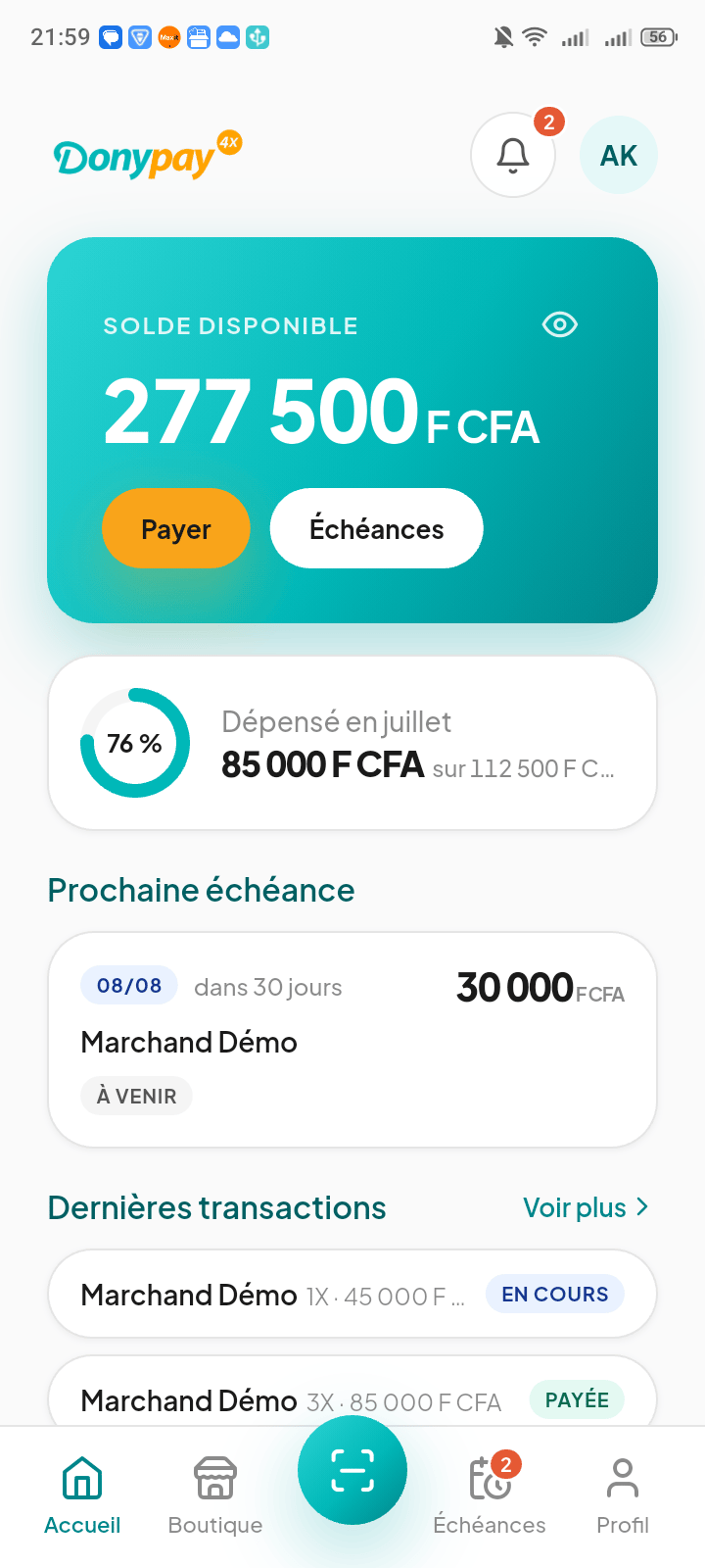 Application Donypay, tableau de bord de l'acheteur avec le montant disponible et les échéances à venir